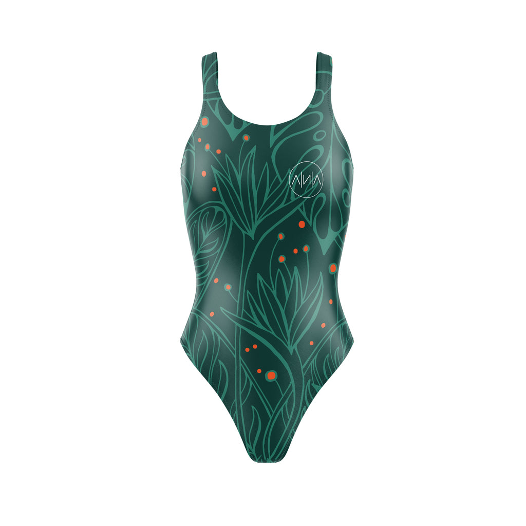 OHANA TRIATHLON swim suit for women in color pine for swimming. Best quality and fabrics for your training, races, and all your needs. Great stretch and elasticity to maximise your performance.